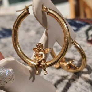 Genuine Solid 10K Yellow Gold "Angel 👼 On My Shoulder" Large 3D Hoop Earrings